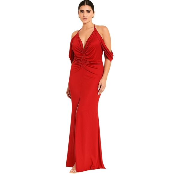 MAYLE VASQUEZ Red Cold Shoulder Ruched Gown S Evening Dress Formal Party Gala - Picture 1 of 11
